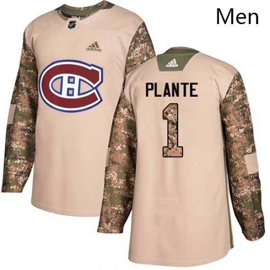 Mens Adidas Montreal Canadiens 1 Jacques Plante Authentic Camo Veterans Day Practice NHL Jersey